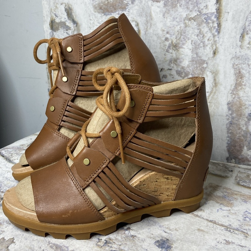 Sorel Brown Leather Lace-Up Wedge Sandals - Picture 2 of 9